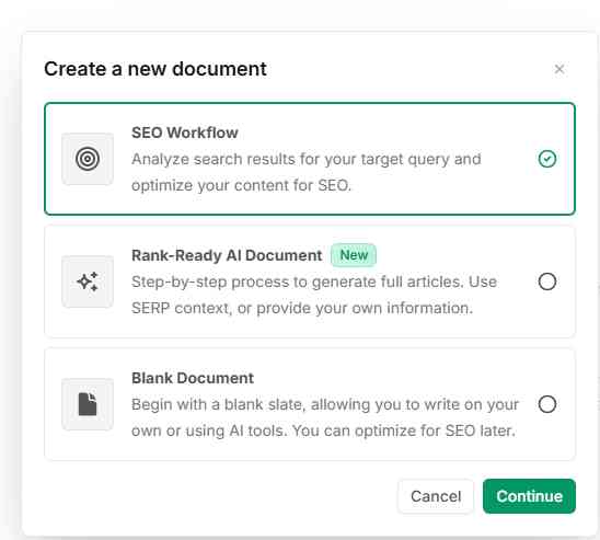 Frase “New Document” options